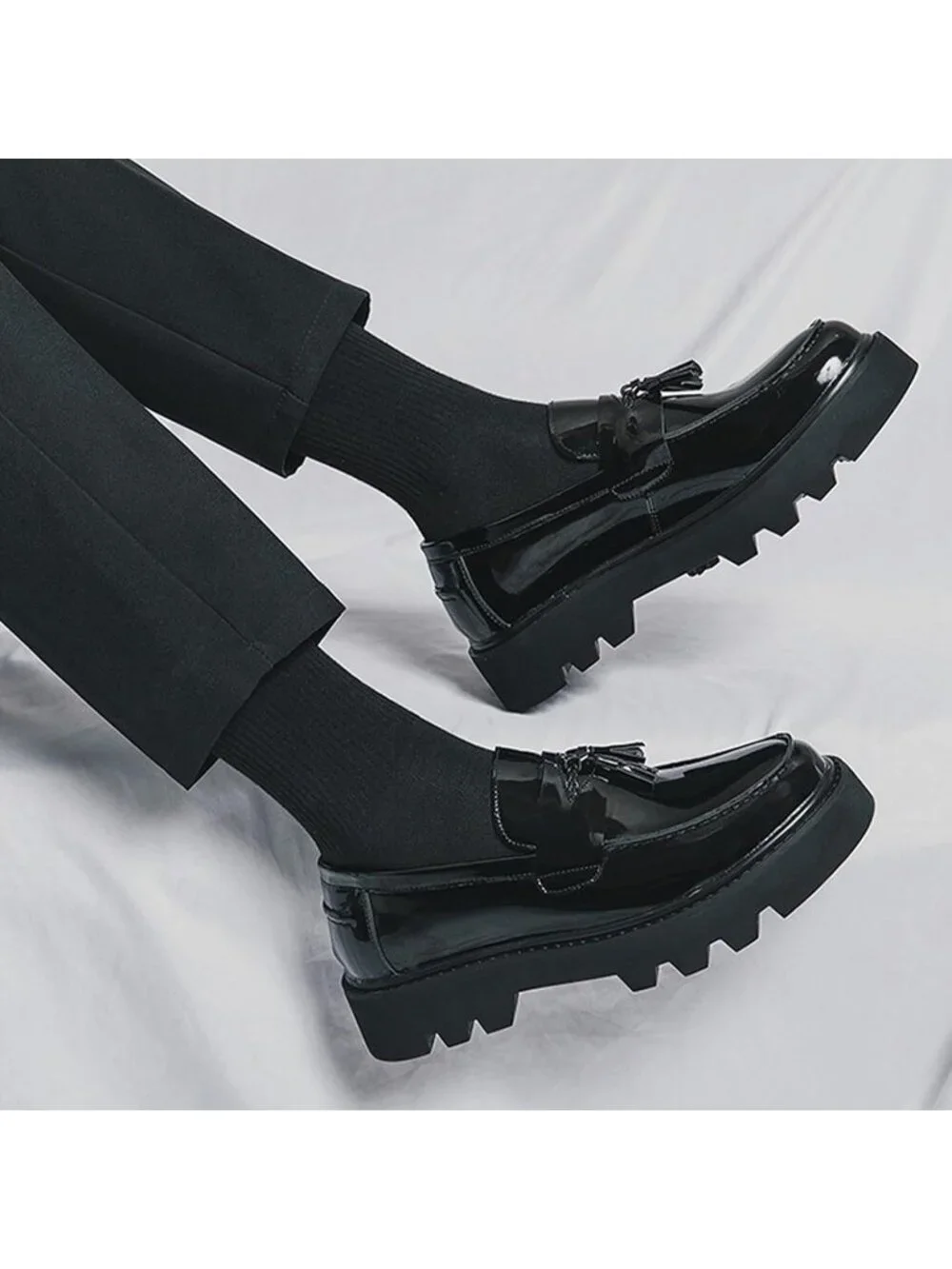 Men's Black Patent Leather Loafers Chunky Heel Tassel Slip On Dress Shoes